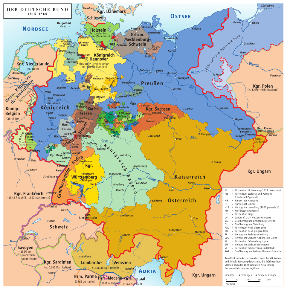 Map of the German Confederation and its constituent states from 1815 to 1866