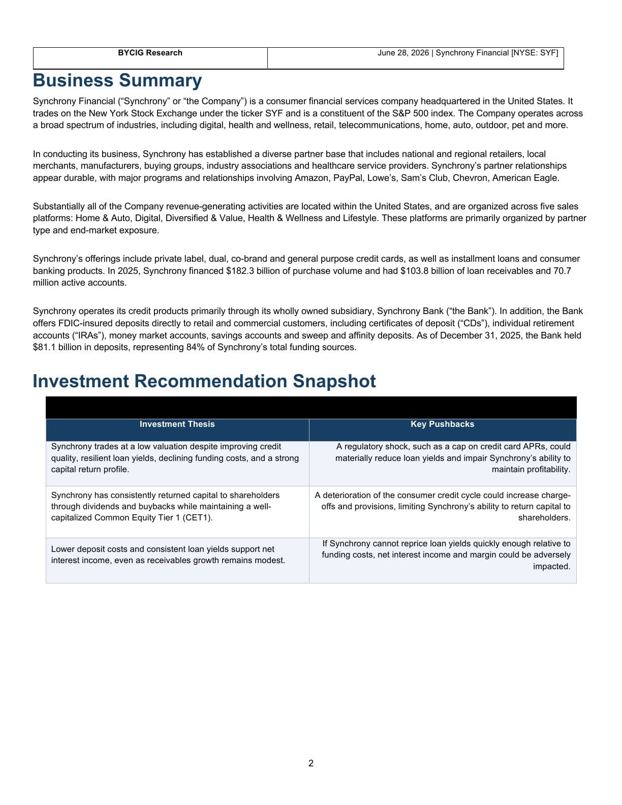 Synchrony Financial equity report, page 2: Business summary and recommendation snapshot
