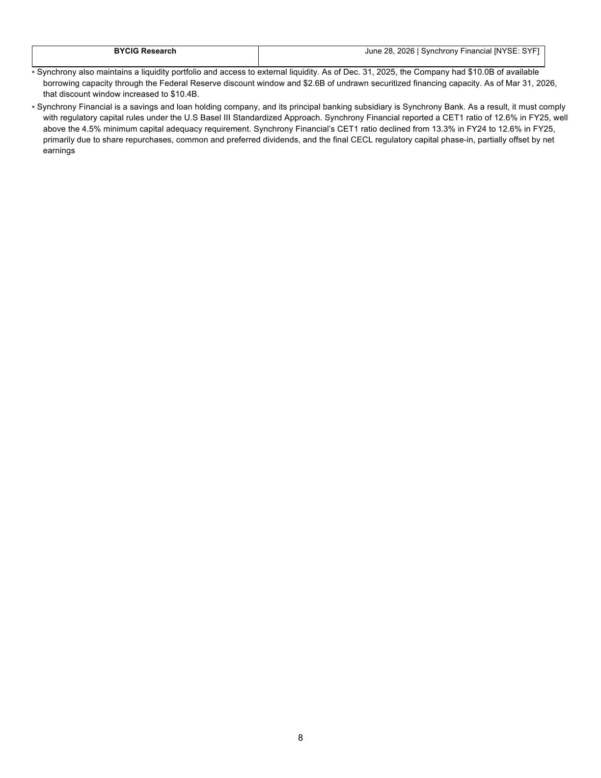 Synchrony Financial equity report, page 8: Funding and liquidity discussion